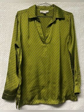 Michael Kors Womens Blouse Long Sleeves Olive Green Geometric Office Size Small